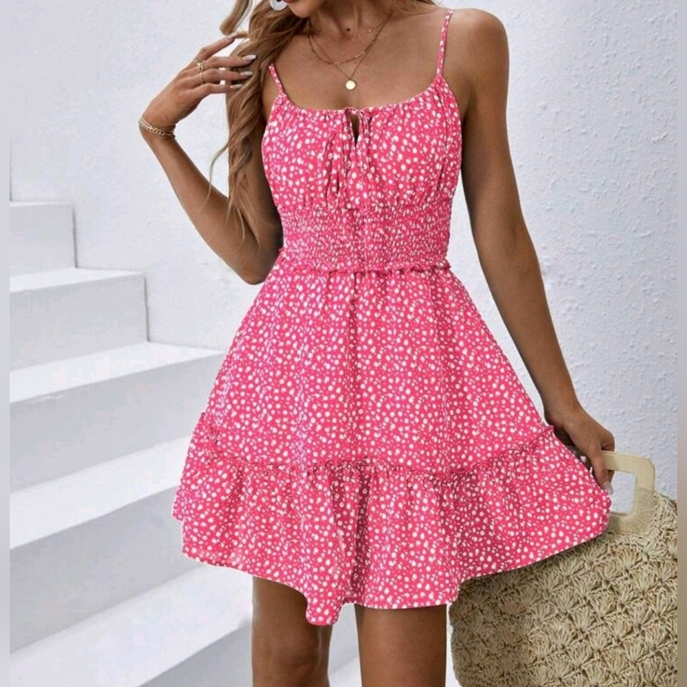 NEW Boho Floral Ruched Ruffle Cami Dress Mini Hot Pink White - Picture 2 of 7